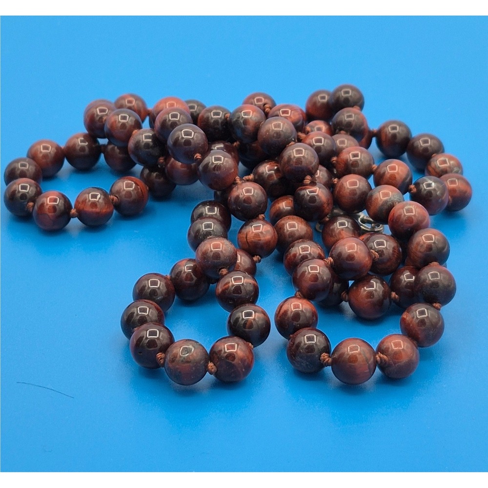 Vintage Red Tiger‎ Eye Bead Necklace Brown 925 Sterling Silver Clasp Long Strand